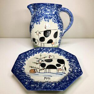 Molly Dallas Pottery Blue Spatterware Folk Art Cow Rooster Pitcher and Plate